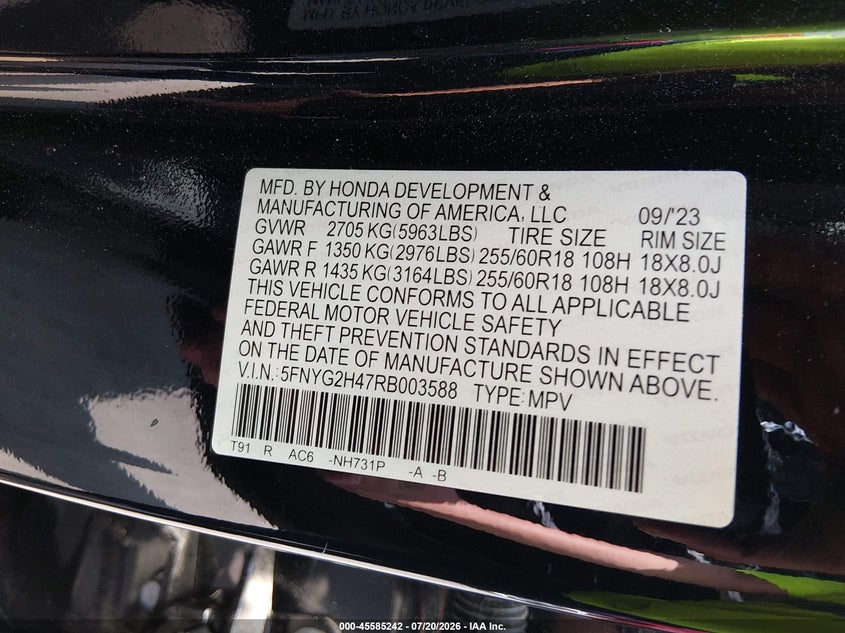 2024 Honda Pilot Ex-L VIN: 5FNYG2H47RB003588 Lot: 45585242