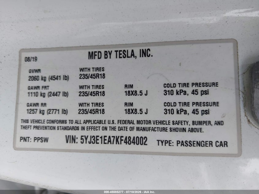 2019 Tesla Model 3 Long Range/Mid Range/Standard Range/Standard Range Plus VIN: 5YJ3E1EA7KF484002 Lot: 45585277