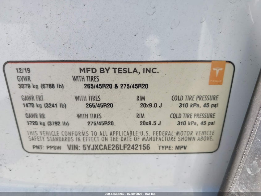 2020 Tesla Model X Long Range Dual Motor All-Wheel Drive/Long Range Plus Dual Motor All-Wheel Drive VIN: 5YJXCAE26LF242156 Lot: 45585280