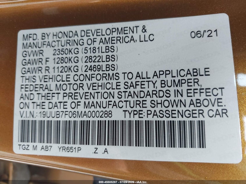 2021 Acura Tlx Type S VIN: 19UUB7F06MA000288 Lot: 45585287