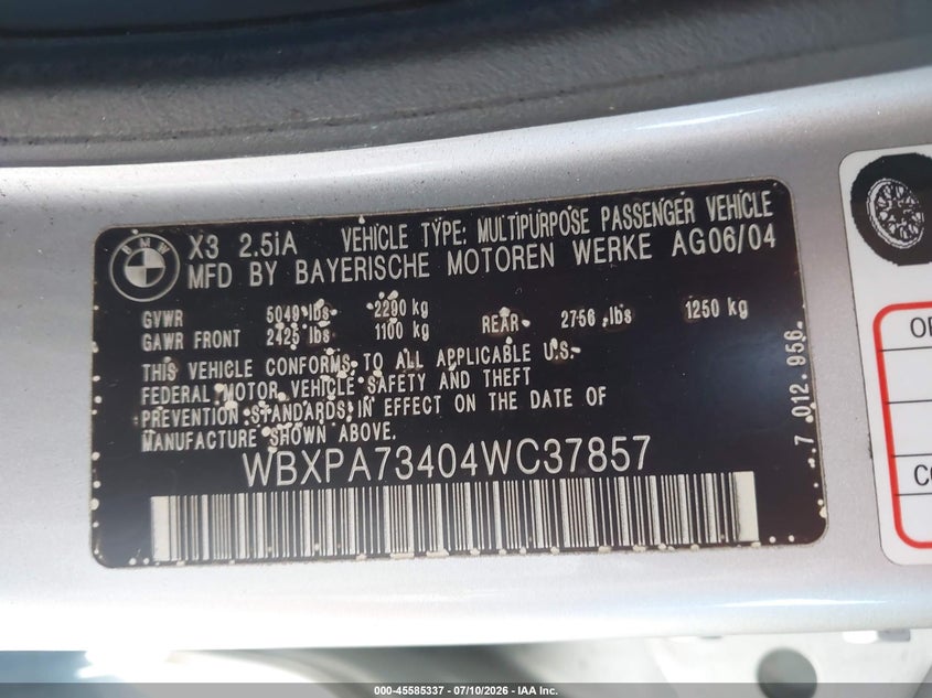2004 BMW X3 2.5I VIN: WBXPA73404WC37857 Lot: 45585337