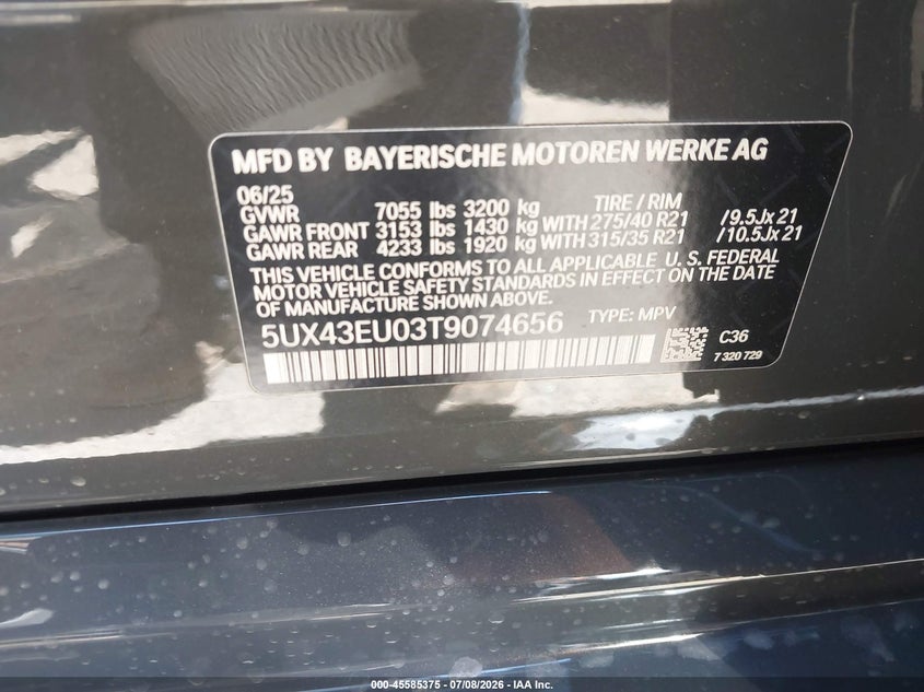 2026 BMW X5 Phev xDrive50E VIN: 5UX43EU03T9074656 Lot: 45585375