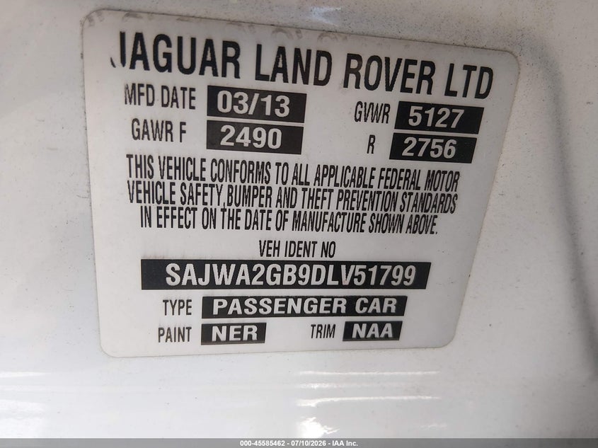 2013 Jaguar Xj Xjl Portfolio VIN: SAJWA2GB9DLV51799 Lot: 45585462