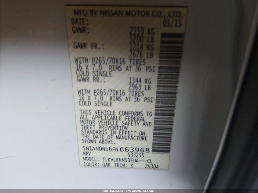 2015 Nissan Xterra S VIN: 5N1AN0NU6FN663968 Lot: 45585484