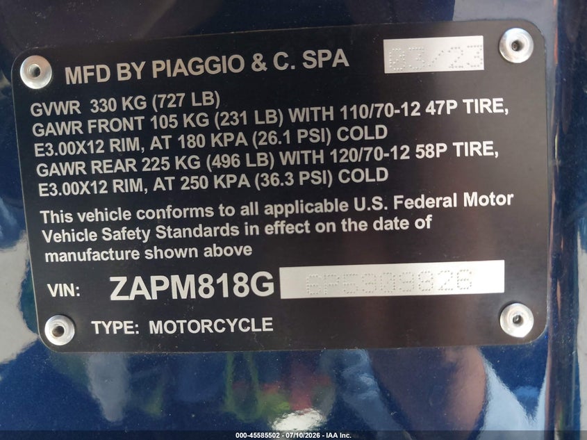 2023 Vespa Primavera/Sprint 150 VIN: ZAPM818G6P5909826 Lot: 45585502