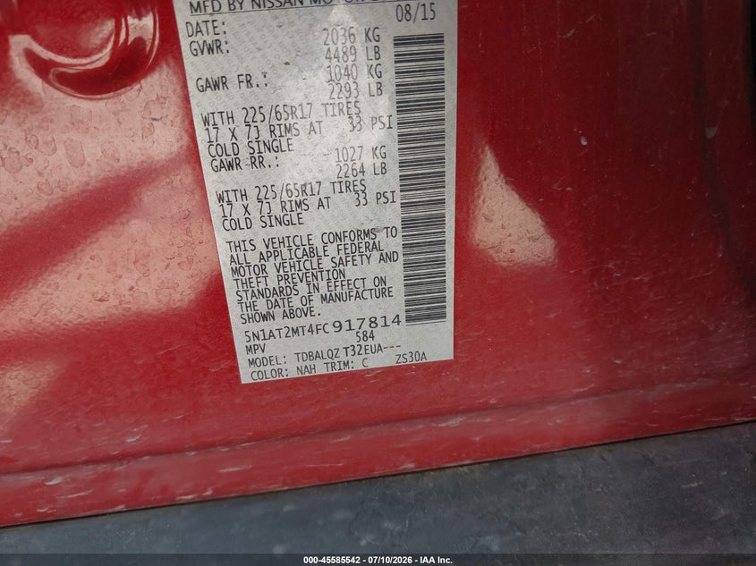 2015 Nissan Rogue Sv VIN: 5N1AT2MT4FC917814 Lot: 45585542