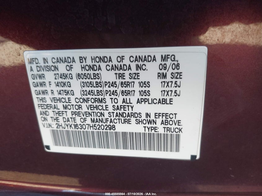 2007 Honda Ridgeline Rtx VIN: 2HJYK16307H520298 Lot: 45585564