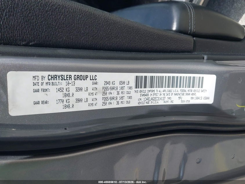 2014 Dodge Durango Sxt VIN: 1C4RDJAG2EC314137 Lot: 45585610