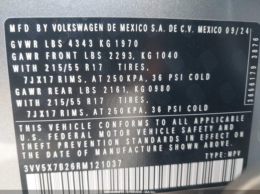2024 Volkswagen Taos 1.5T S VIN: 3VV5X7B26RM121037 Lot: 45585619