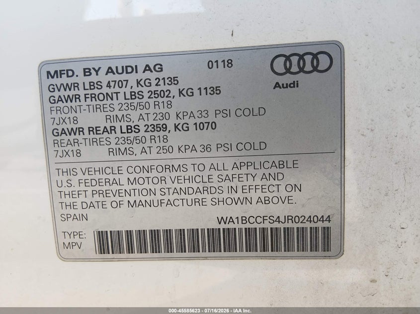 2018 Audi Q3 2.0T Premium/2.0T Sport Premium VIN: WA1BCCFS4JR024044 Lot: 45585623