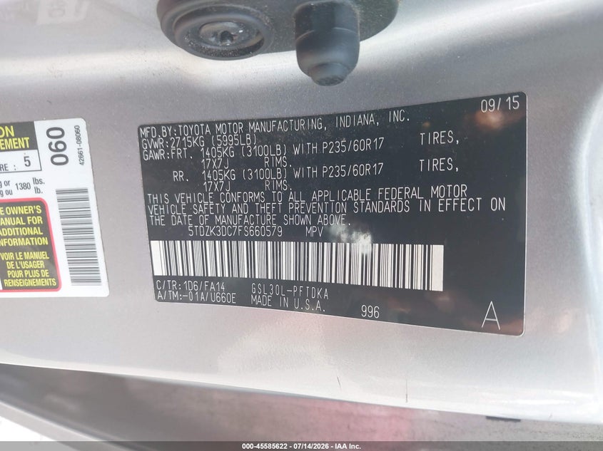 2015 Toyota Sienna L 7 Passenger VIN: 5TDZK3DC7FS660579 Lot: 45585622