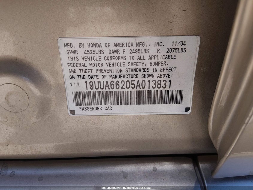 2005 Acura Tl VIN: 19UUA66205A013831 Lot: 45585629