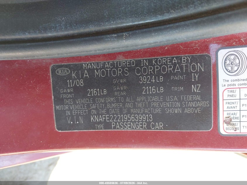2009 Kia Spectra Ex VIN: KNAFE222195639913 Lot: 45585636