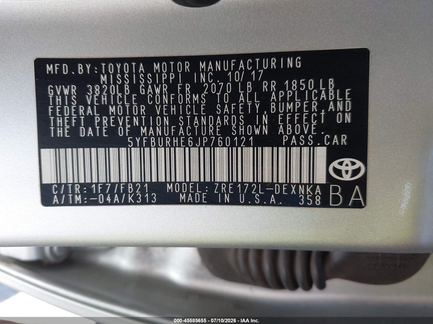 2018 Toyota Corolla Le VIN: 5YFBURHE6JP760121 Lot: 45585655