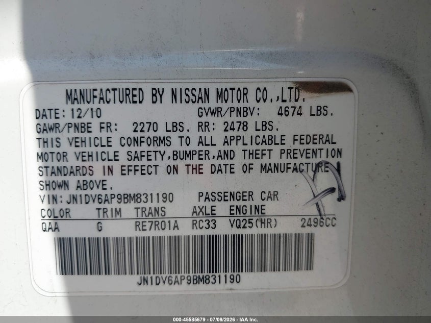 2011 Infiniti G25 Journey VIN: JN1DV6AP9BM831190 Lot: 45585679