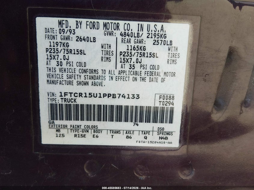 1993 Ford Ranger Super Cab VIN: 1FTCR15U1PPB74133 Lot: 45585683