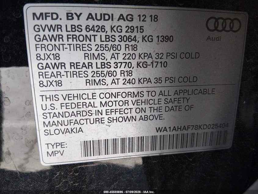 2019 Audi Q7 45 Premium/45 Se Premium VIN: WA1AHAF78KD025404 Lot: 45585696