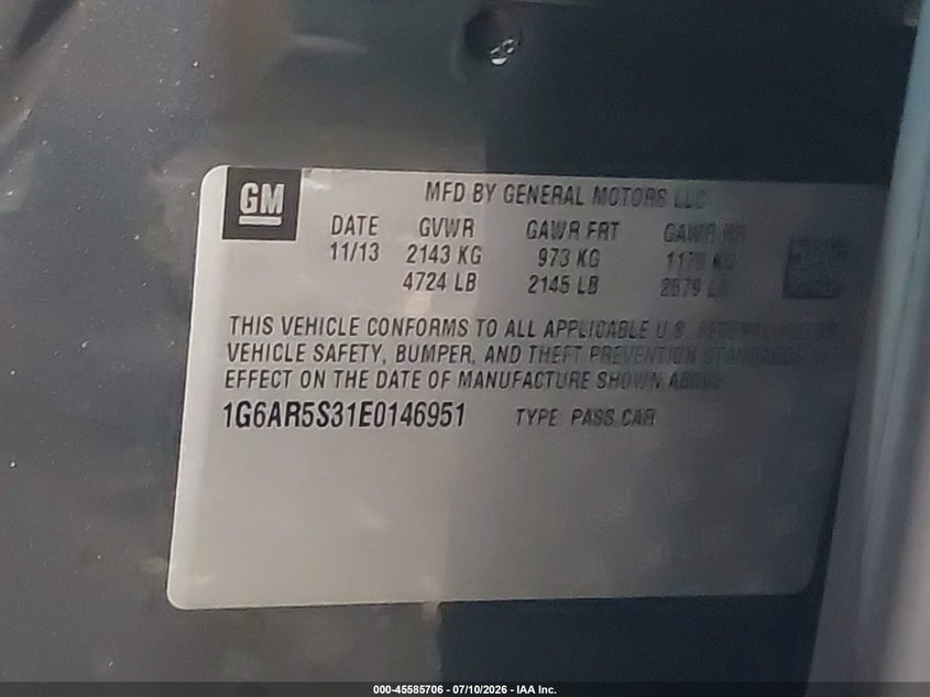 2014 Cadillac Cts Luxury VIN: 1G6AR5S31E0146951 Lot: 45585706