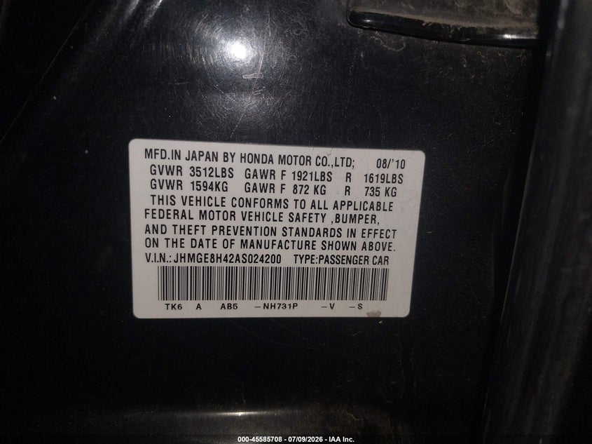 2010 Honda Fit Sport VIN: JHMGE8H42AS024200 Lot: 45585708