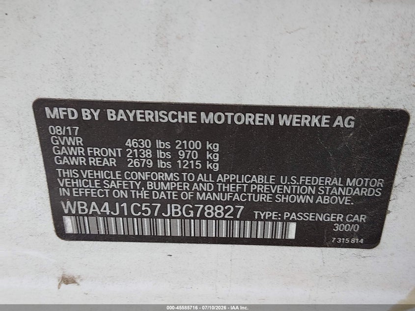 2018 BMW 430I Gran Coupe VIN: WBA4J1C57JBG78827 Lot: 45585716
