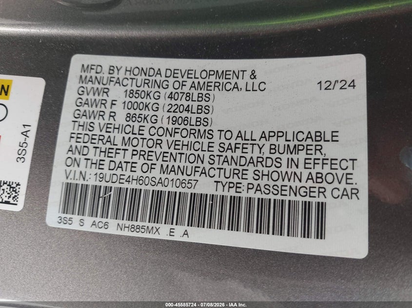2025 Acura Integra A-Spec Technology VIN: 19UDE4H60SA010657 Lot: 45585724