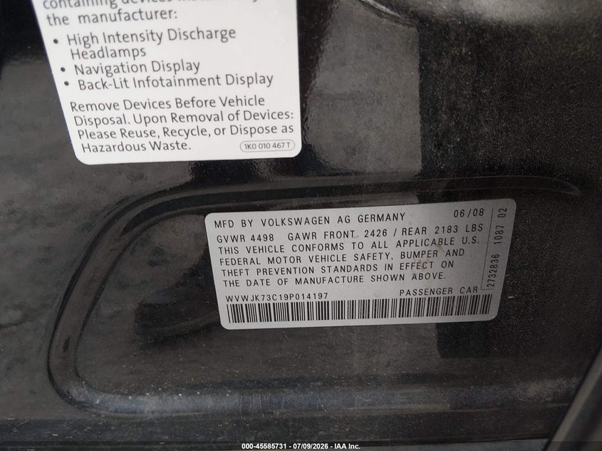 2009 Volkswagen Passat Komfort VIN: WVWJK73C19P014197 Lot: 45585731
