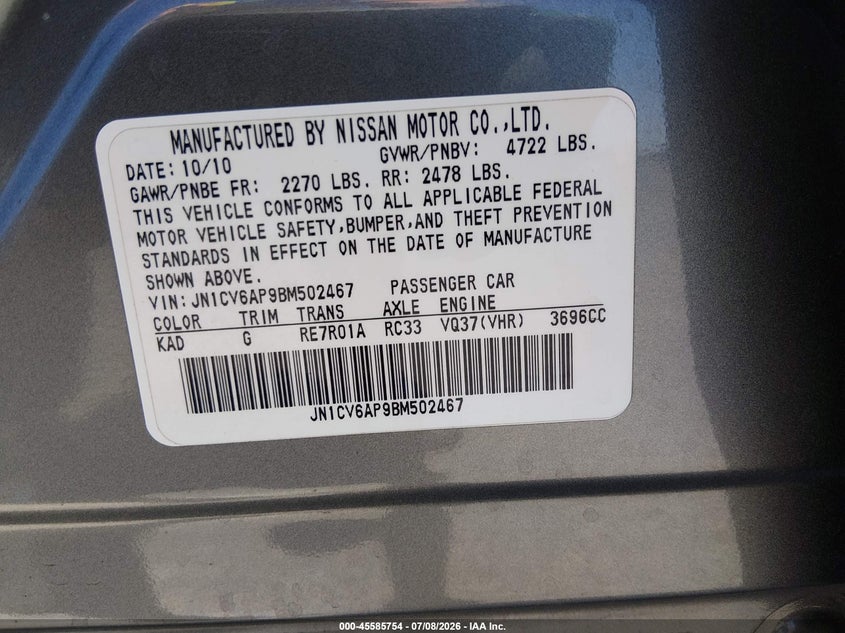 2011 Infiniti G37 Journey VIN: JN1CV6AP9BM502467 Lot: 45585754