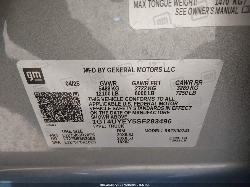 2025 GMC Sierra 3500Hd 4Wd Standard Bed Denali Ultimate VIN: 1GT4UYEY5SF283496 Lot: 45585776