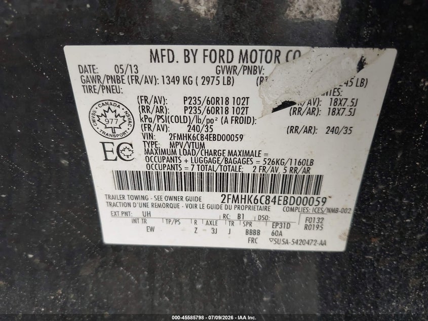 2014 Ford Flex Sel VIN: 2FMHK6C84EBD00059 Lot: 45585798
