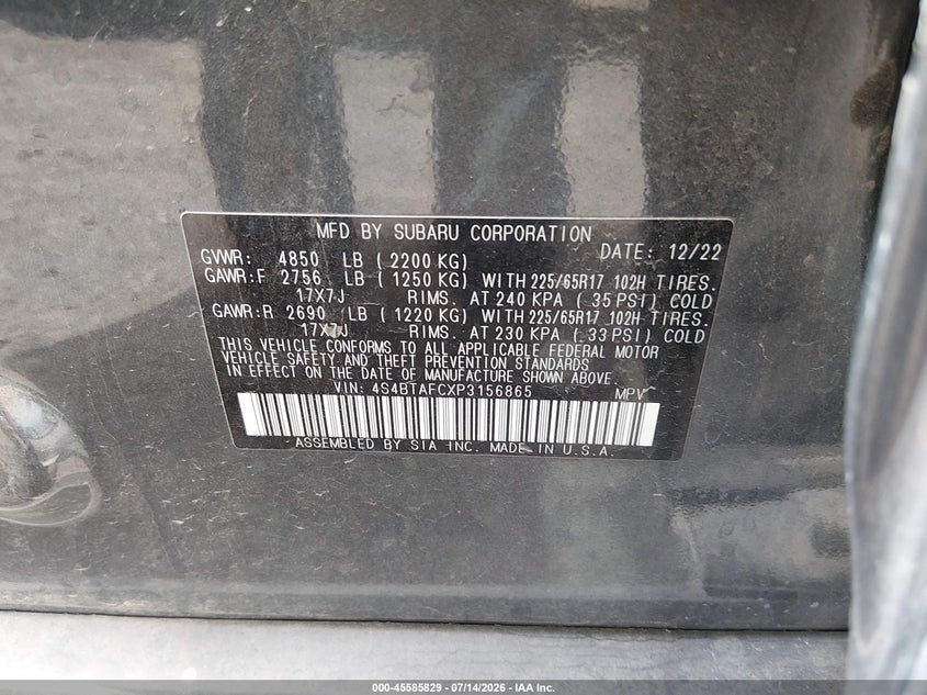 2023 Subaru Outback Premium VIN: 4S4BTAFCXP3156865 Lot: 45585829