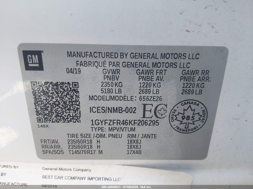 2019 Cadillac Xt4 Sport VIN: 1GYFZFR46KF206295 Lot: 45585831