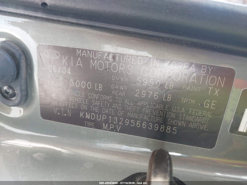 2005 Kia Sedona Ex/Lx VIN: KNDUP132956639885 Lot: 45585865