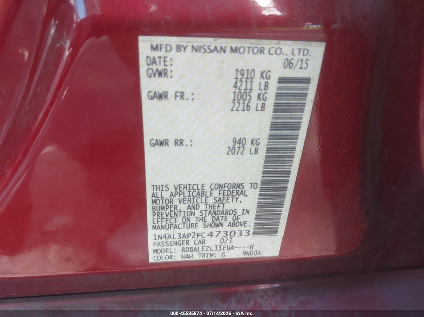 2015 Nissan Altima 2.5 S VIN: 1N4AL3AP2FC473033 Lot: 45585874