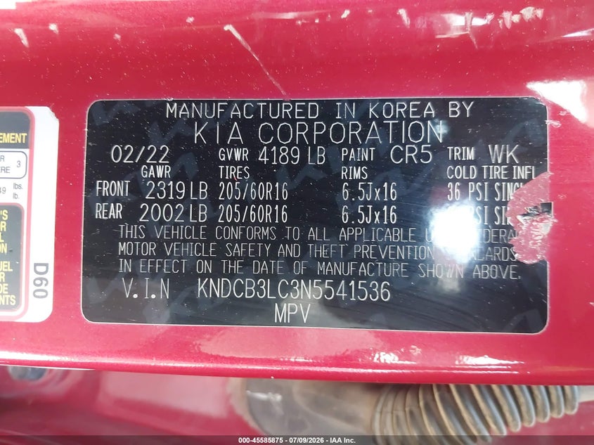 2022 Kia Niro Lxs Se VIN: KNDCB3LC3N5541536 Lot: 45585875