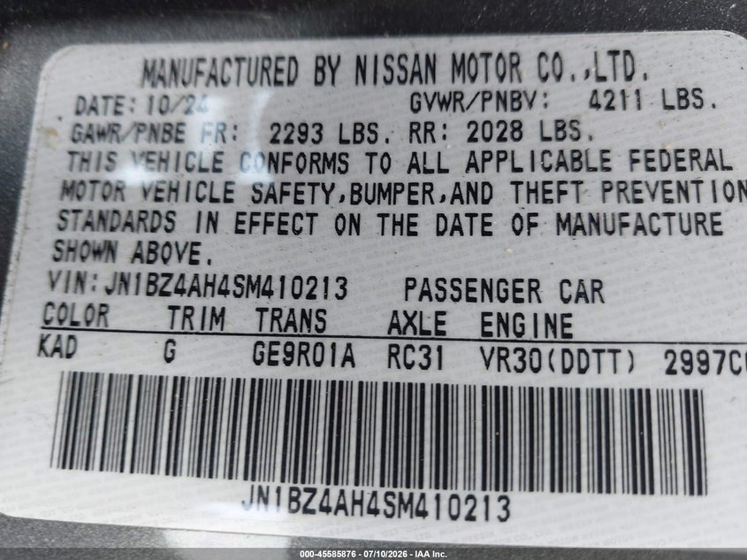 2025 Nissan Z Sport Automatic Transmission VIN: JN1BZ4AH4SM410213 Lot: 45585876