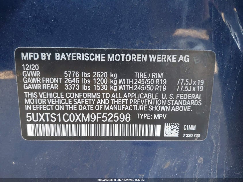 2021 BMW X3 Phev xDrive30E VIN: 5UXTS1C0XM9F52598 Lot: 45585883