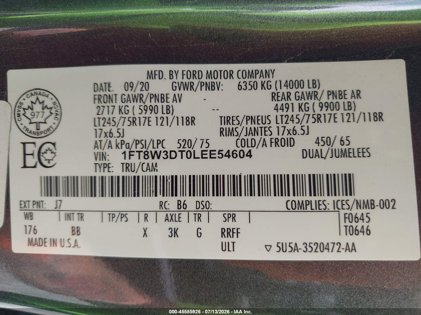 2020 Ford F-350 Platinum VIN: 1FT8W3DT0LEE54604 Lot: 45585926