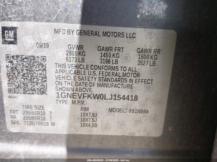 CHEVROLET TRAVERSE 2020 VIN 1GNEVFKW0LJ154418