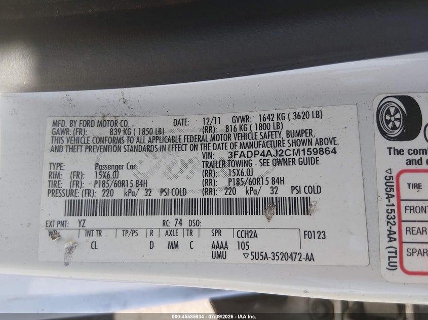 2012 Ford Fiesta VIN: 3FAUP4AJ2CM159864 Lot: 45585934