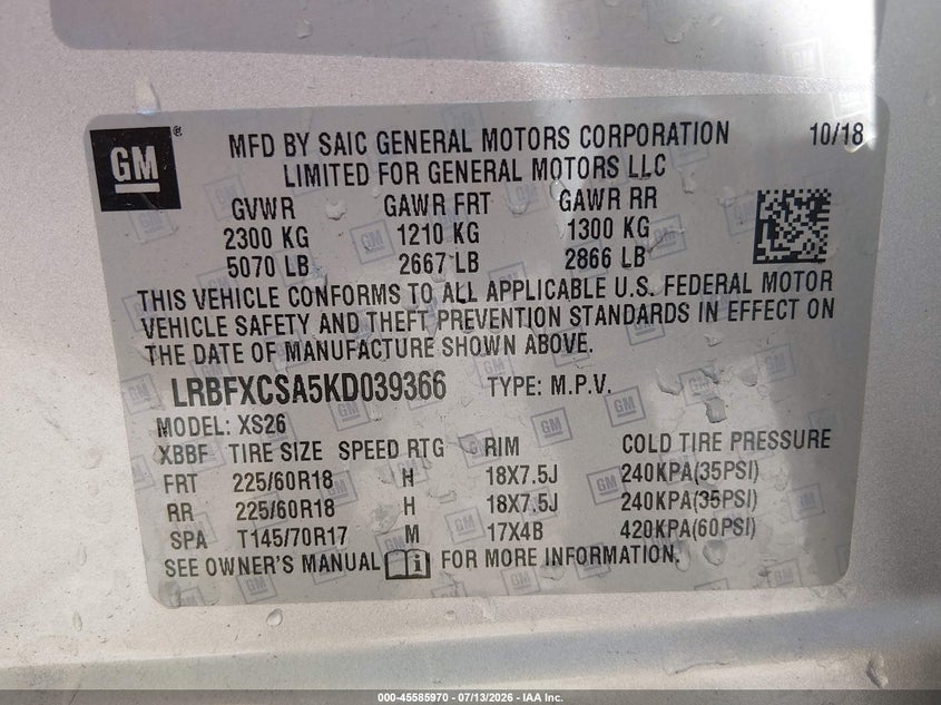 2019 Buick Envision Fwd Essence VIN: LRBFXCSA5KD039366 Lot: 45585970