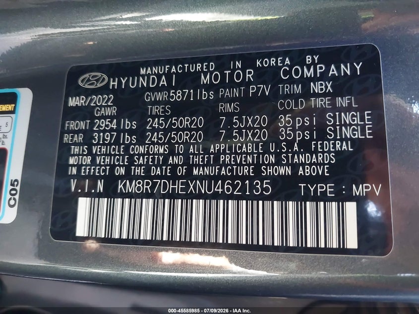2022 Hyundai Palisade VIN: KM8R7D8EXNU462135 Lot: 45585985