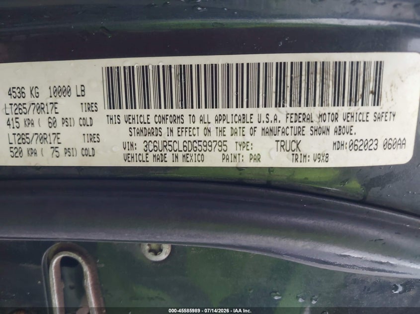 2013 Ram 2500 Tradesman VIN: 3C6UR5CL6DG599795 Lot: 45585989