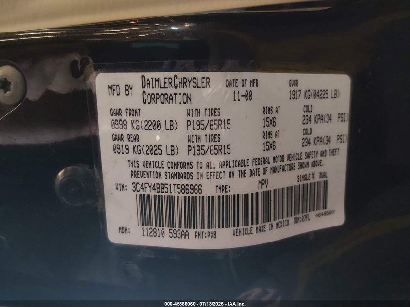 2001 Chrysler Pt Cruiser VIN: 3C4FY4BB51T586966 Lot: 45586060