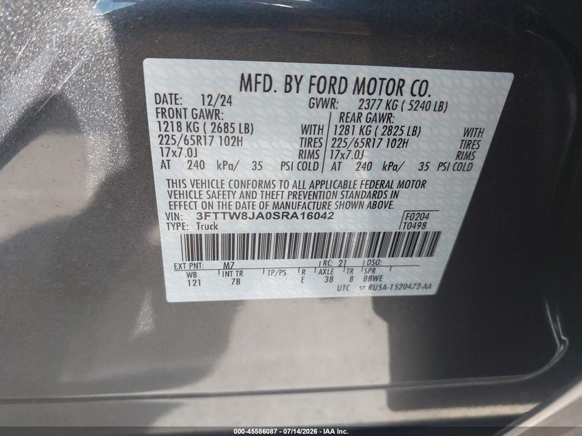 2025 Ford Maverick Xlt VIN: 3FTTW8JA0SRA16042 Lot: 45586087