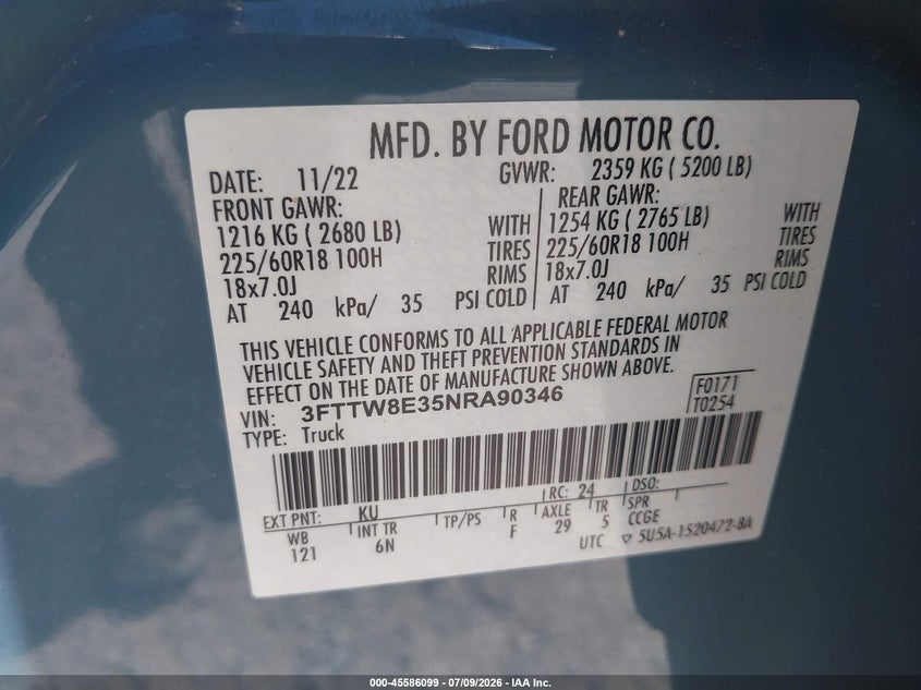 2022 Ford Maverick Lariat VIN: 3FTTW8E35NRA90346 Lot: 45586099