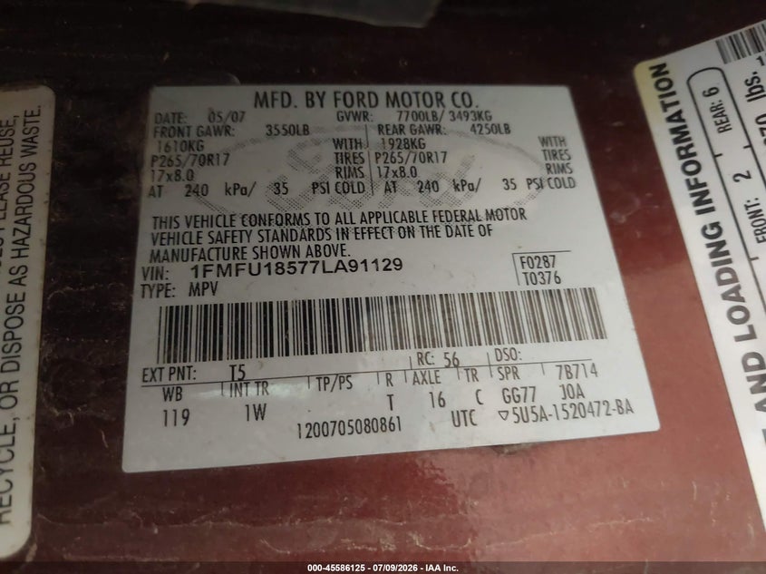 2007 Ford Expedition Eddie Bauer VIN: 1FMFU18577LA91129 Lot: 45586125