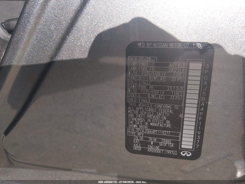 2023 Infiniti Qx50 Luxe VIN: 3PCAJ5BA4PF119377 Lot: 45586170