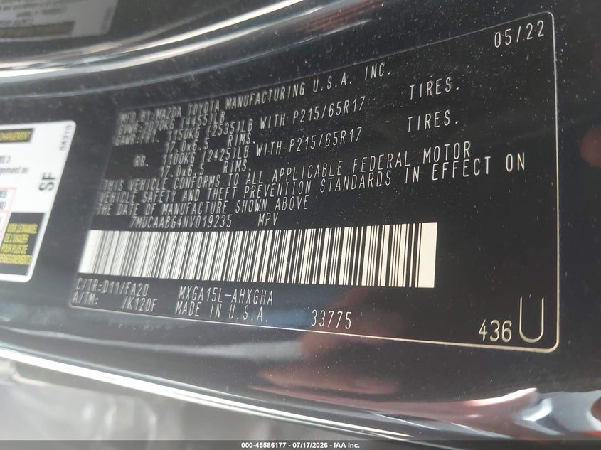 2022 Toyota Corolla Cross Le VIN: 7MUCAABG4NV019235 Lot: 45586177