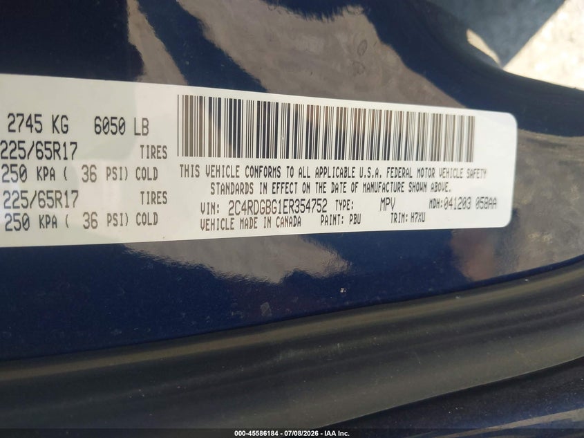 DODGE GRAND CARAVAN 2014 VIN 2C4RDGBG1ER354752