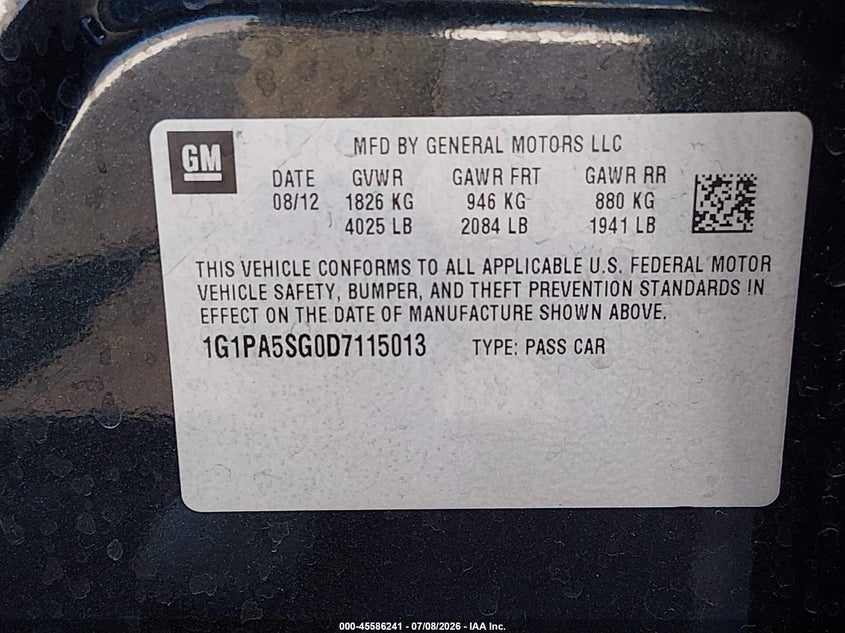 2013 Chevrolet Cruze Ls Auto VIN: 1G1PA5SG0D7115013 Lot: 45586241